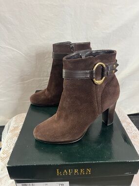 Lauren Ralph Lauren Dark Brown Suede Ankle Booties with Strap